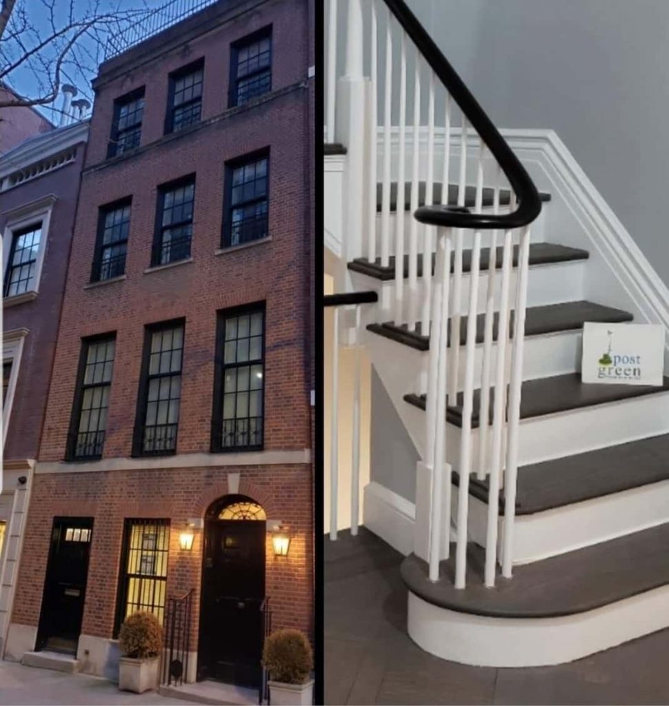 Side-by-side photos of a red brick NYC townhouse exterior and a clean curved staircase inside