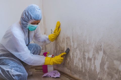 Technician performing air duct cleaning and mold remediation using HEPA vacuum in NYC apartment