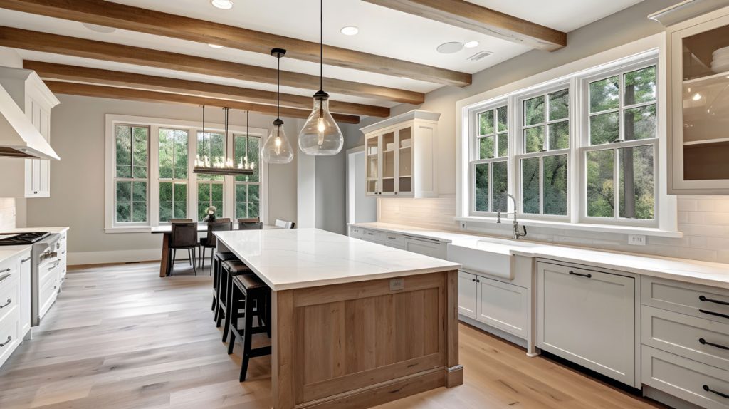 Modern kitchen after renovation with clean surfaces and finished post construction cleaning