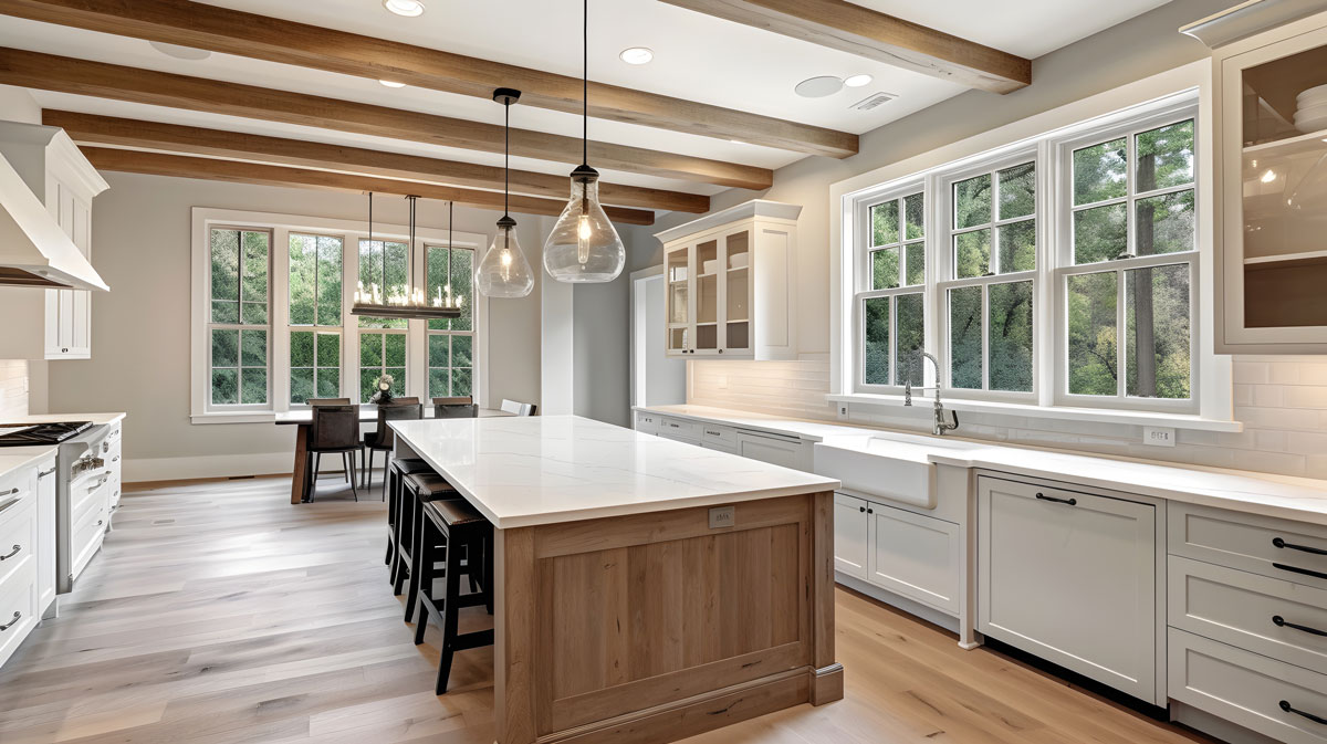 Modern kitchen after renovation with clean surfaces and finished post construction cleaning