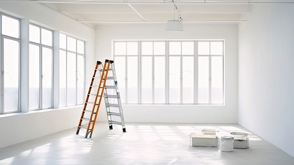 Post-renovation interior with construction dust, paint supplies, and unfinished cleanup in a newly remodeled modern home.