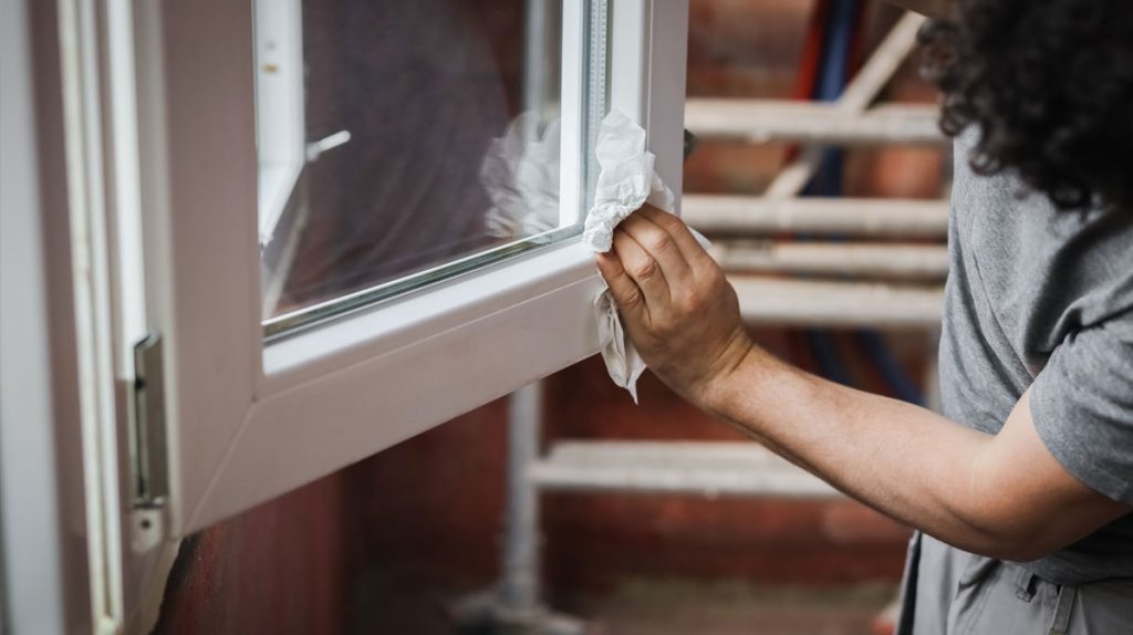 Window cleaning during post-renovation cleanup to remove construction dust, debris, and residue from a remodeled home.