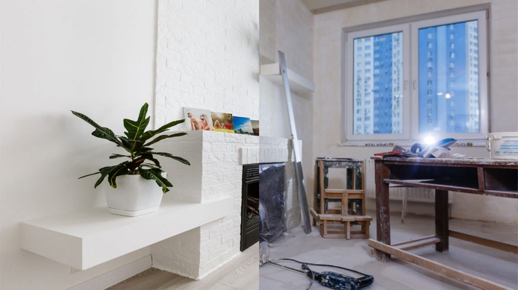 Modern home interior during post-renovation cleanup with visible construction dust and remodeling debris.