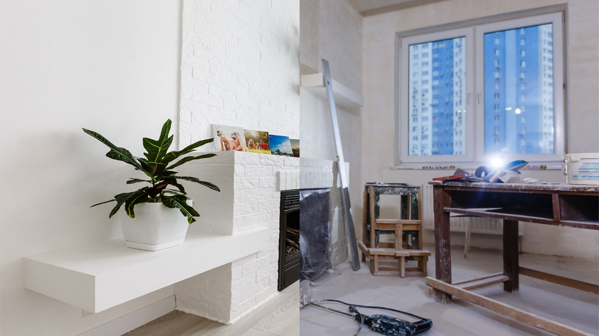 Modern home interior during post-renovation cleanup with visible construction dust and remodeling debris.