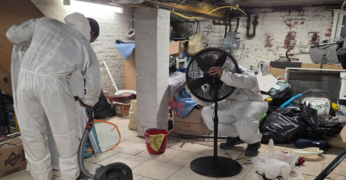 Technicians performing HEPA vacuuming and basement restoration cleaning in a residential New York home following contamination and debris buildup