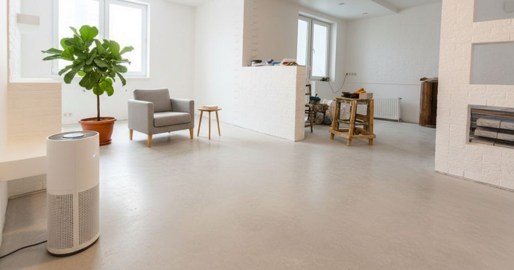 Air purifier running in a newly renovated home after construction to help improve indoor air quality and reduce airborne dust